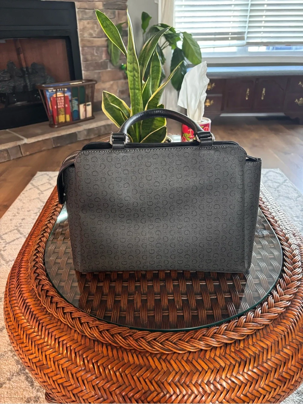 Guess Black Monogram Satchel with Silver Logo Accent